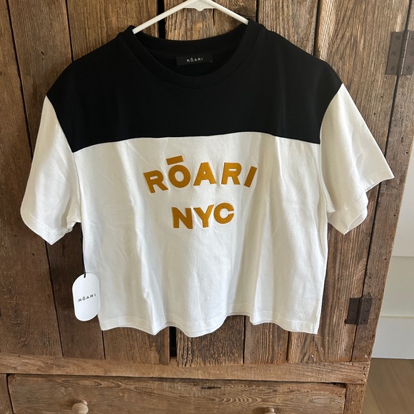 NEW NWT ROARI COLOR BLOCK BLACK WHITE CROPPED DANNY TOP SHIRT NYC S/M - Picture 7 of 7